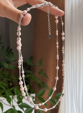 秋冬新款国风复古美拉德粉色施家正圆珍珠项链毛衣链长链