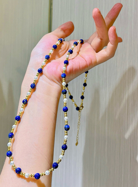 复古天然青金石人造水晶珍珠毛衣链项链