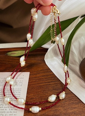 天然巴洛克珍珠配上鸽血红色人造水晶满天星锁骨链项链女