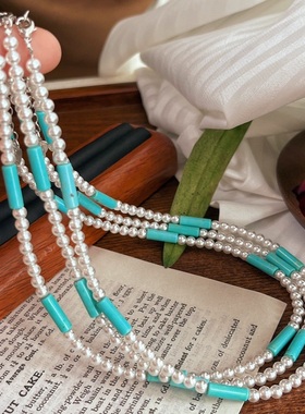 冷白施家珍珠配上马代兰人造绿松石项链小清新文艺范锁骨链女
