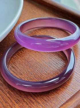 冰透玻璃种烟紫色玉髓手镯简约时尚百搭镯子女