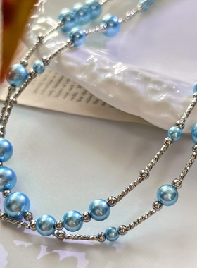 国风复古蓝色妖姬人造水晶珍珠毛衣链项链锁骨链