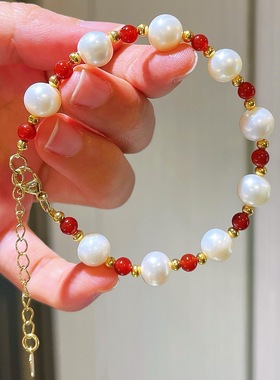 7-8mm复古天然淡水珍珠红玉髓手链项链套装