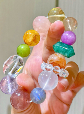 12-16mm天然柠檬黄粉晶胶花紫锂辉薰衣草灰月光多宝手链