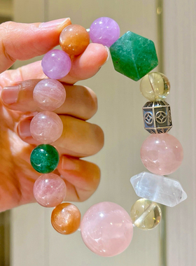 925银12-20mm天然柠檬黄紫锂辉粉草莓晶多宝手链手串