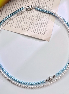 国风复古正圆强光冷白蓝色妖姬人造水晶珍珠项链锁骨链