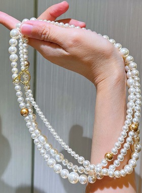 秋冬美拉德暖白咖混彩施家珍珠项链女多种戴法加长毛衣链颈链女