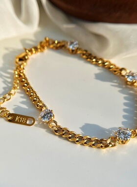 钛钢人造钻石手链简约个性小众轻奢设计镶钻古巴链手链女