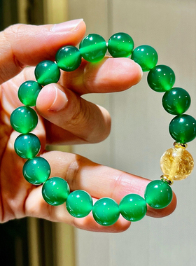 10mm玻璃体起光天然绿玉髓黄水晶水润冰透手链