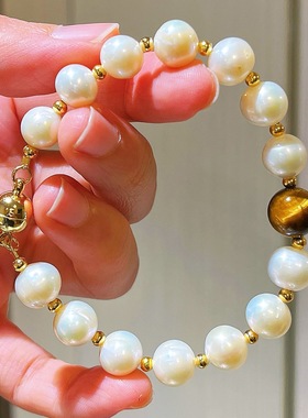 母亲节送礼9mm天然淡水珍珠虎眼石设计感项链手链耳钉套装配盒