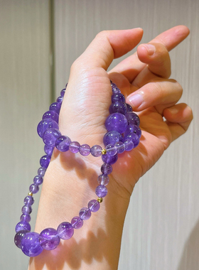 天然薰衣草紫紫水晶渐变大小微笑设计感项链女颈链锁骨链