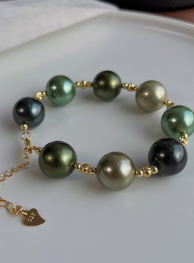 14mm莫兰迪大溪地孔雀绿色人造珍珠项链手链套装钢丝串制