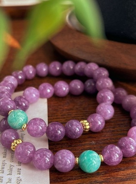 好美的色调绛紫色石英岩玉配上天然天河石手链女