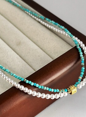 秋冬法式ins清冷色系氛围感天然绿松石人造水晶珍珠项链锁骨链