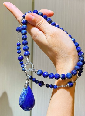 复古天然青金石设计感项链毛衣链锁骨链女吊坠