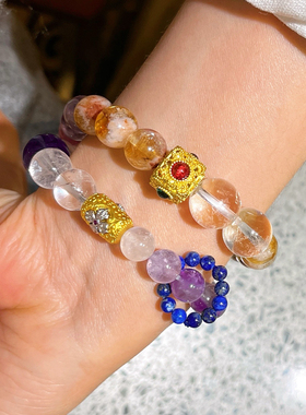 天然紫水晶黄水晶月光石黑金超七红木纹草莓晶月光石多宝手链手串