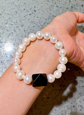 10mm天然淡水珍珠黑曜石设计感手链