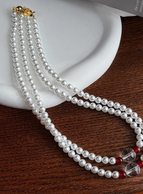 红色玛瑙白水晶施家冷白珍珠项链简约时尚百搭锁骨链女