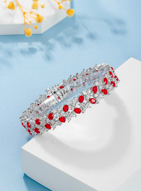 时尚中国红培育红宝石手链S925银合成红宝石满镶高碳钻手链轻奢