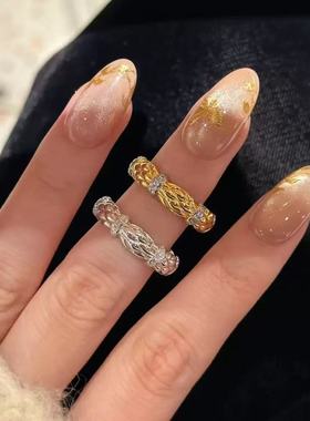 s925纯银法式轻奢高碳钻小香菱格戒指格纹镶钻复古老钱风