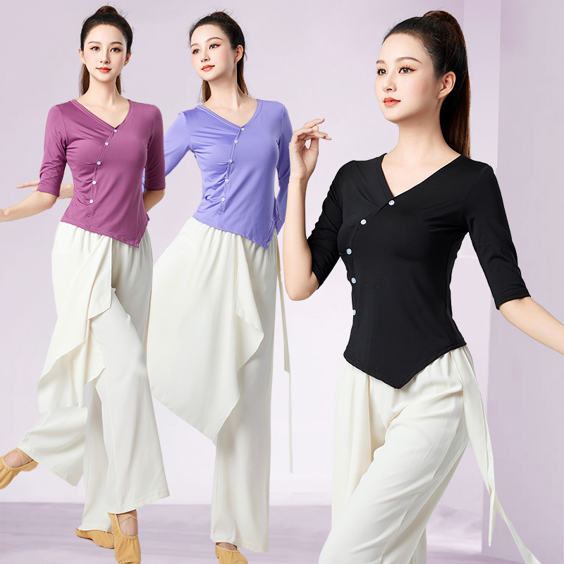 形体舞蹈练功服女成人上衣中袖修身显瘦v领现代中国古典舞训练服 - 图1