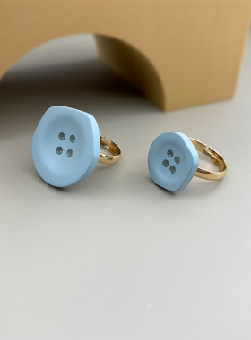 开口戒指原创设计风蓝色纽扣百搭