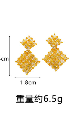 复古几何方形沙金密镶锆石耳钉