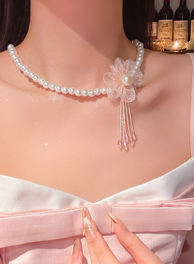 甜美网红蕾丝花朵水晶流苏项链