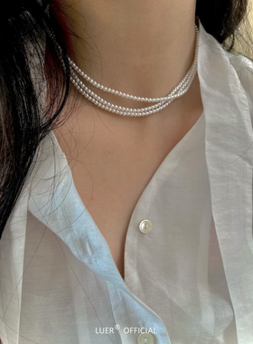 Luer磁吸扣通体纯银多层珍珠项链