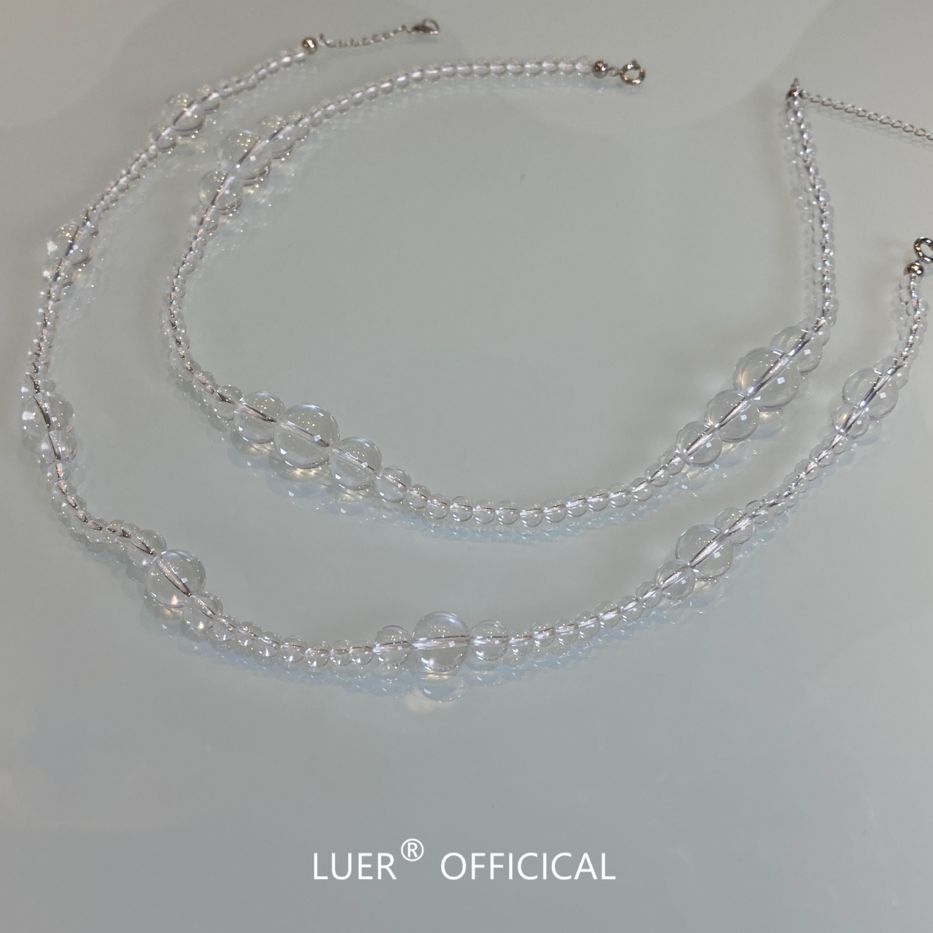 LUER定制 法式时髦 天然白水晶圆珠间隔珠锁骨链纯银项链 - 图3