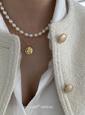 鹿尔纯银镀金粗链法式圆牌毛衣链