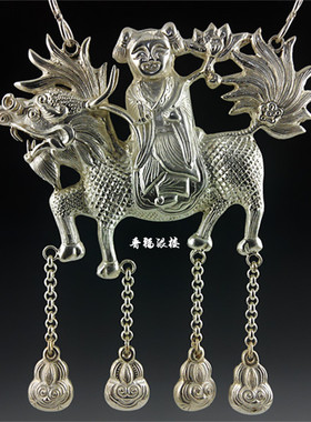 晋福银楼925纯银纯手工精制银锁 纯银麒麟送子满月锁 宝宝满月礼