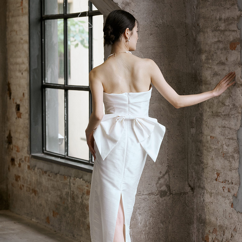 之既抹胸晨袍白色绸缎礼服领证白裙个性连衣裙可拆卸蝴蝶结订婚用,淘宝优惠券,粉丝福利购,淘宝优惠卷