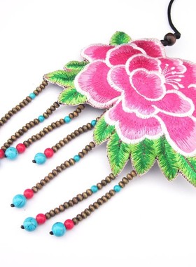 民族风刺绣牡丹花朵毛衣链长项链