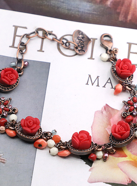 复古法国喜庆风饰品红玫瑰手链