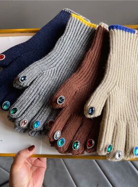 Women Winter Warm Knitted Full Finger Gloves Solid Wool Luxu