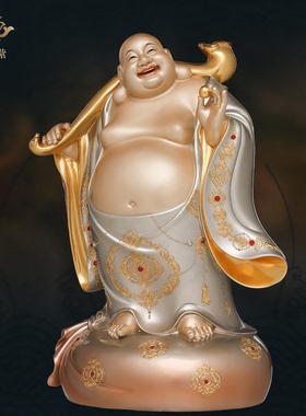 黄铜如意添福弥勒像摆件寺庙家用供奉招财创意工艺品装饰京铜摆件