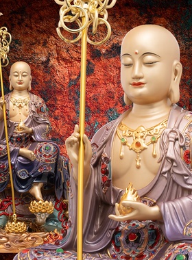 典藏地藏王佛像家用祝福九华山地藏王菩萨摆件带谛听黄铜彩绘