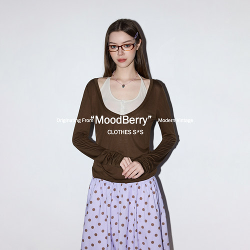 MoodBerry 美式复古风V领假两件长袖T恤女春夏设计感宽松休闲上衣 - 图2
