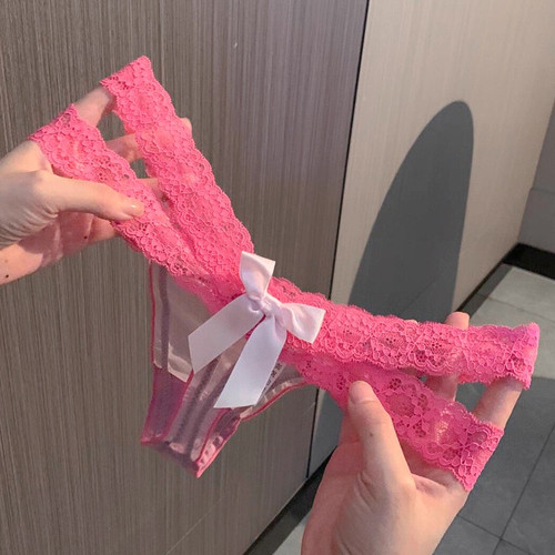 2025新款性感镂空蕾丝丁字裤女低腰微透网纱蝴蝶结三角内裤纯欲风 - 图0
