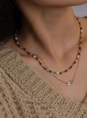 雨林复古虎眼石串珠锁骨链叠戴