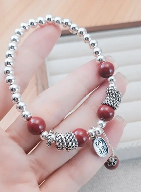新中式盘缠手链本命年朱砂手串古风纯银串珠钱串子招财纳福饰品