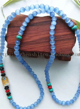 蓝绿猫眼石三圈手链绕手腕白水晶