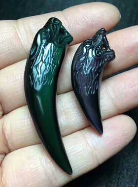 彩虹眼黑曜石狼牙摸金符狼头吊坠