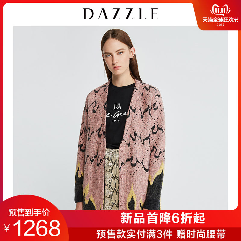 DAZZLE地素 2019秋装新款宽松休闲慵懒樱花粉毛衣开衫女2G3E509 thumbnail