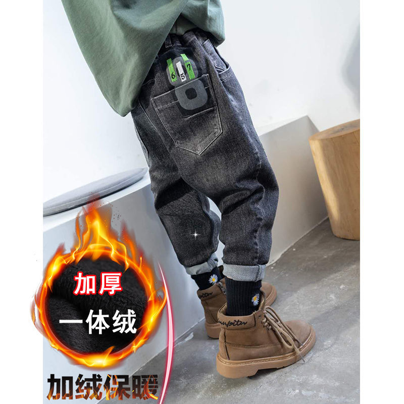 男童牛仔裤新款童装儿童冬季裤子加绒加厚秋冬棉裤大童冬装一体绒 - 图1