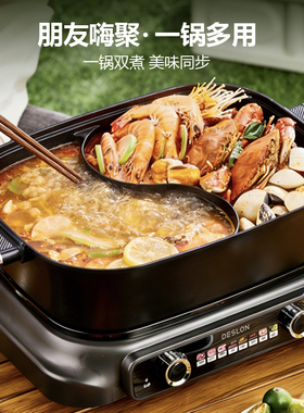 德世朗鸳鸯电火锅家用多功能煎炒电煮锅大容量分体式电热火锅