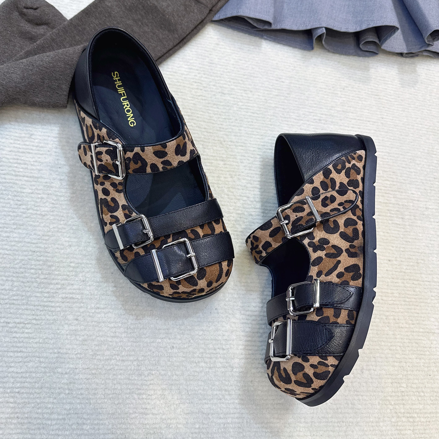 2026春新款女鞋羊皮大头平底复古豹纹玛丽珍鞋双扣带内增高单鞋潮,淘宝优惠券,粉丝福利购,淘宝优惠卷