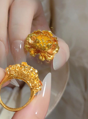 沙金开口戒跟真的一样牡丹富贵花古色古香古风高档高颜值富贵戒