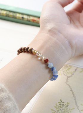 Shang原创「雪烟」新中式天然老山檀蓝晶石手串女南红金发晶手链